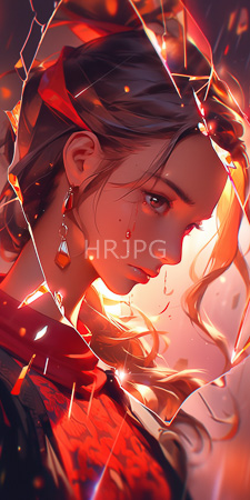 High Resolution: Anime-style portrait of an emotional young woman with long wavy brown hair and red earrings; she has tears on her cheek download. | HRJPG.com