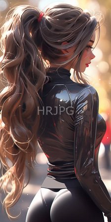 High Resolution: Attractive woman with long wavy brown hair in a high ponytail wearing glossy black latex clothing that highlights her curvy figure and prominent buttocks download. | HRJPG.com