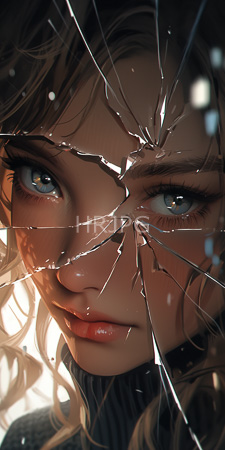 High Resolution: Intense close-up portrait featuring a young woman with blue eyes and wavy blonde hair behind shattered glass that covers her face in intricate patterns download. | HRJPG.com