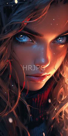 High Resolution: Intense close-up portrait featuring a young woman with striking blue eyes and wavy brown hair illuminated by warm light from below her chin's shadowed area download. | HRJPG.com