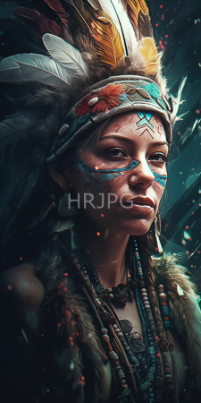 High Resolution: Indigenous woman with light brown skin wearing elaborate feathered headdress adorned in red and white feathers download. | HRJPG.com