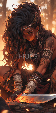 High Resolution: Intense dark-skinned warrior woman with long braided hair and tribal tattoos sitting by glowing campfire in forest download. | HRJPG.com