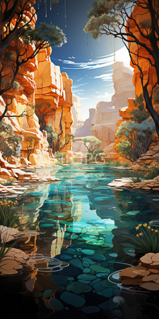 High Resolution: Enchanting desert canyon with towering orange cliffs clear turquoise water reflecting sunlight and cliff faces download. | HRJPG.com
