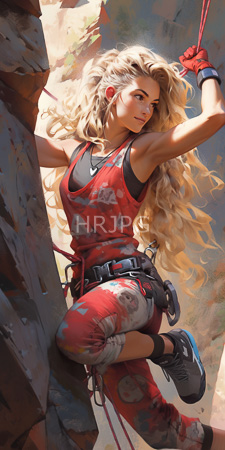 High Resolution: Athletic blonde woman with long wavy hair climbing outdoors on rocky terrain wearing red and black camouflage tank top and pants download. | HRJPG.com