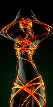 High Resolution: Abstract glossy black female figure with glowing orange neon ribbons wrapping around her body in intricate patterns download. | HRJPG.com