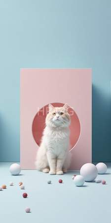 High Resolution: Elegant fluffy white and cream long-haired cat with yellow eyes sitting centered in front of pastel pink geometric shapes on light blue background download. | HRJPG.com