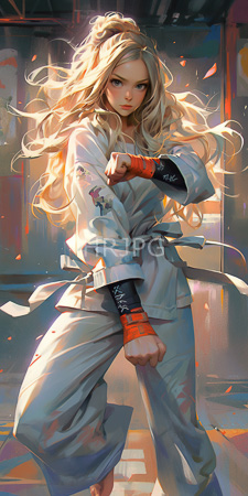 High Resolution: Attractive blonde-haired woman with long wavy hair in traditional white karate gi and orange wristbands download. | HRJPG.com