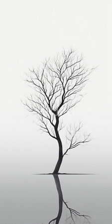 High Resolution: Isolated leafless black tree with intricate branches standing in calm water; its reflection is mirrored below on still surface against minimalistic white background download. | HRJPG.com