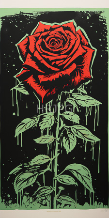 High Resolution: Ink drawing of a vivid red rose with detailed layered petals against a black background adorned by green drips and splatters resembling paint or wax melting down its stem download. | HRJPG.com