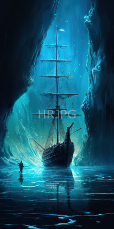 High Resolution: Illuminated three-masted ship with dark sails and rigging anchored in icy blue water within a towering cave entrance bathed by ethereal light beams from above download. | HRJPG.com