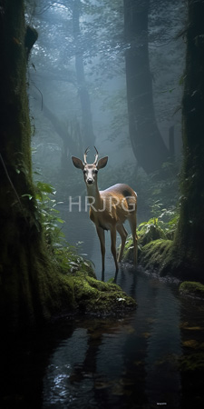 High Resolution: Elegant young male deer with small antlers standing in shallow water at forest's edge download. | HRJPG.com