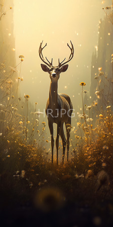 High Resolution: Elegant dark brown stag with large antlers standing in a misty meadow at sunrise or sunset download. | HRJPG.com