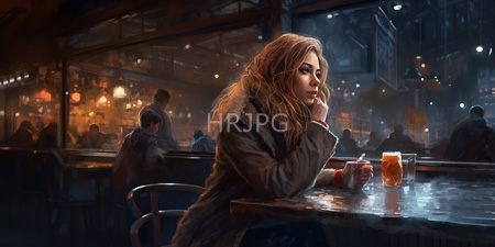 High Resolution: Blonde woman with wavy hair wearing an olive green coat and red bracelet sitting alone at a dim-lit café table download. | HRJPG.com