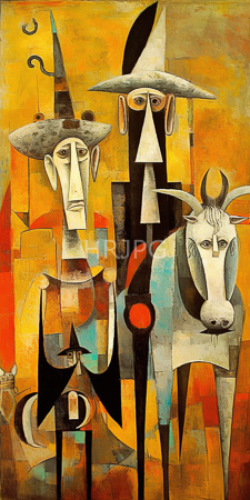 High Resolution: Abstract geometric-style painting featuring two stylized human figures and one white cow with prominent horns standing side by side download. | HRJPG.com