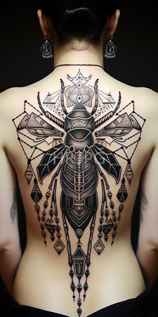 High Resolution: Asian woman with dark hair in braids viewed from behind against black background; she has intricate tattoo on her back featuring geometric patterns and stylized beetle design download. | HRJPG.com