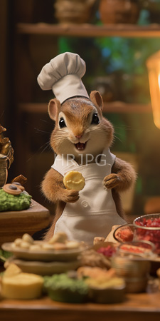High Resolution: Anthropomorphic chipmunk in white chef's hat and apron holding butter on its paw while standing at a wooden kitchen counter filled with various ingredients download. | HRJPG.com