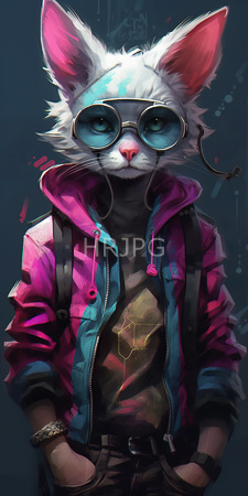 High Resolution: Anthropomorphic white cat with pink inner ears wearing round blue-tinted sunglasses and sporting vibrant magenta-blue-purple jacket download. | HRJPG.com