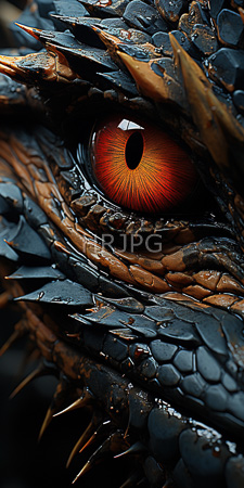 High Resolution: Intense close-up dragon's face focusing on its vivid red-orange eye with black pupil and intricate orange-red vein patterns beneath it download. | HRJPG.com