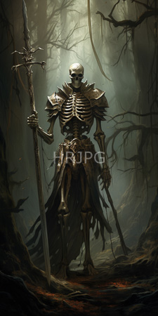 High Resolution: Anthropomorphic skeleton warrior standing in a dark misty forest with twisted trees and eerie lighting download. | HRJPG.com