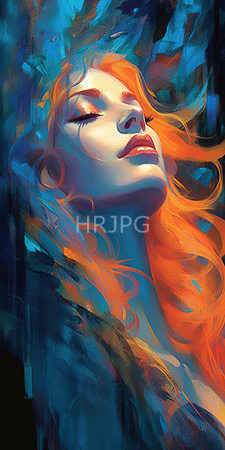 High Resolution: Ethereal fair-skinned woman with closed eyes and orange hair flowing gracefully against vibrant blue abstract background download. | HRJPG.com