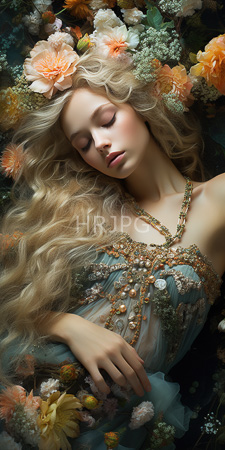 High Resolution: Ethereal fair-skinned woman with long wavy blonde hair lying among vibrant flowers (roses and daisies) download. | HRJPG.com