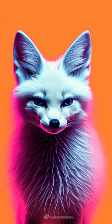 High Resolution: Anthropomorphic fox with vibrant neon-pink and blue highlights on its white fur against bright orange background download. | HRJPG.com