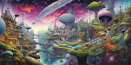 High Resolution: Intricate vibrant surreal fantasy landscape with lush greenery and fantastical architecture under a purple-pink sky filled with floating planets or moons download. | HRJPG.com