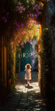 High Resolution: Enchanting sunlit alleyway with cobblestone path and lush greenery adorned by vibrant purple flowers overhead download. | HRJPG.com