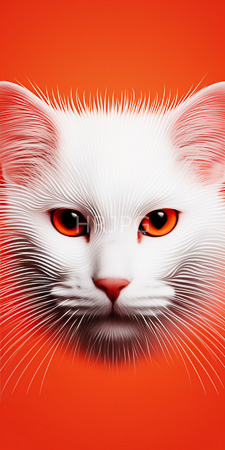High Resolution: Albino cat's face centered against vibrant red background; white fur with fine texture details and striking orange-red eyes download. | HRJPG.com