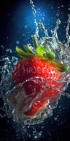 High Resolution: Vibrant red strawberry with green leaves splashing into clear water against dark blue background download. | HRJPG.com