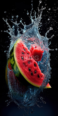 High Resolution: Watermelon slices and chunks suspended in mid-air surrounded by dynamic splashes against a black background download. | HRJPG.com