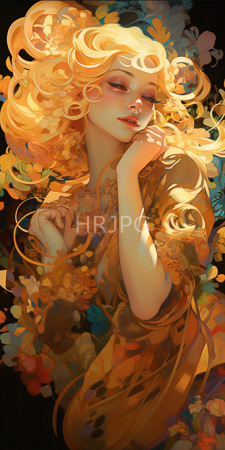 High Resolution: Ethereal fair-skinned woman with flowing golden curls surrounded by vibrant flowers in shades of yellow and orange against a dark background download. | HRJPG.com