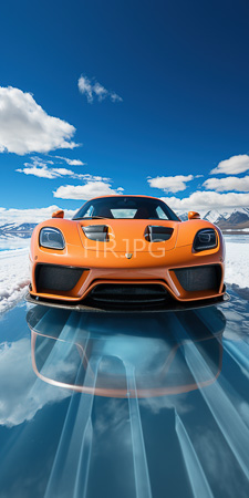 High Resolution: Orange Porsche sports car with sleek aerodynamic design and black accents parked on reflective ice in bright sunlight download. | HRJPG.com