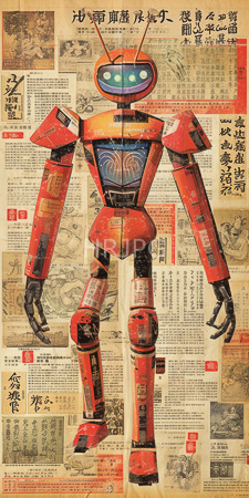 High Resolution: Intricately constructed red robot standing against vintage Chinese newspaper background with black and blue text download. | HRJPG.com