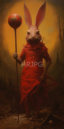 High Resolution: Anthropomorphic rabbit with large ears standing in front of a glowing yellow-orange background wearing tattered red robes and holding a tall staff download. | HRJPG.com