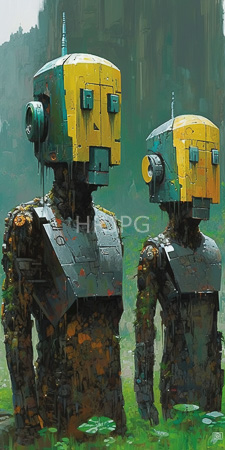 High Resolution: Two yellow and green blocky robot figures with square heads standing in grass; their bodies appear weathered and moss-covered like ancient statues download. | HRJPG.com