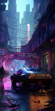 High Resolution: Neon-lit rainy urban street at night with futuristic elements and cyberpunk style download. | HRJPG.com