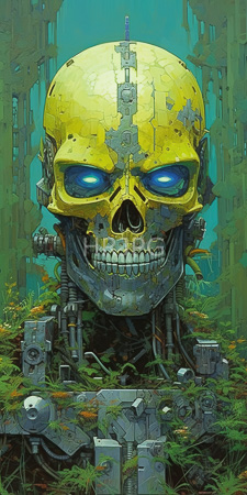 High Resolution: Eerie yellow skull with blue glowing eyes and cracked texture standing amidst overgrown machinery in a forest-like setting download. | HRJPG.com