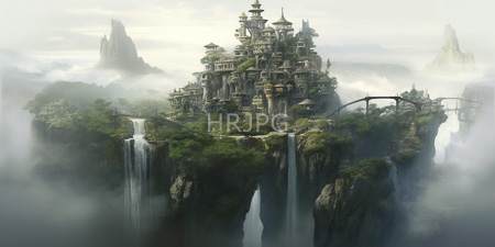 High Resolution: Elaborate medieval-style castle perched on lush green cliffs surrounded by misty fog and towering waterfalls cascading down rocky edges download. | HRJPG.com