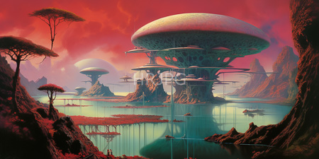 High Resolution: Otherworldly landscape with towering dome-shaped fungal structures rising from turquoise waters under a vivid red-orange sky download. | HRJPG.com