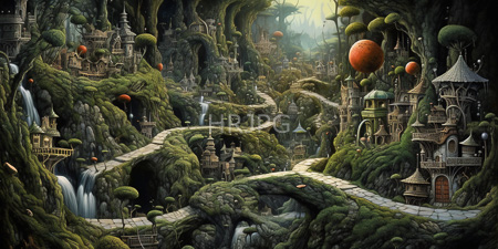 High Resolution: Intricate digital fantasy landscape illustration featuring lush green moss-covered cliffs and winding stone pathways connecting whimsical wooden houses download. | HRJPG.com