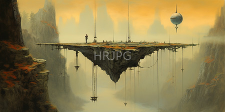 High Resolution: Ethereal floating cliff platform suspended in misty skies at sunset with orange and yellow hues download. | HRJPG.com