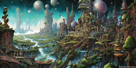 High Resolution: Intricate digital fantasy landscape painting depicting towering floating cities with colorful spherical structures and lush greenery on rocky cliffs download. | HRJPG.com