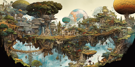 High Resolution: Intricate digital fantasy illustration depicting lush floating islands with dense greenery and fantastical architecture resembling ancient temples on rocky cliffs download. | HRJPG.com