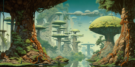 High Resolution: Ethereal lush landscape with towering mushroom-like structures covered in greenery and mosses along both sides of a reflective river download. | HRJPG.com