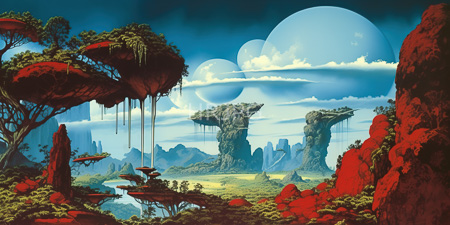 High Resolution: Otherworldly landscape with vibrant red rock formations floating mushroom-like structures dripping green moss in the foreground and background download. | HRJPG.com