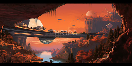 High Resolution: Ethereal futuristic landscape at sunset with vibrant orange and pink skies download. | HRJPG.com