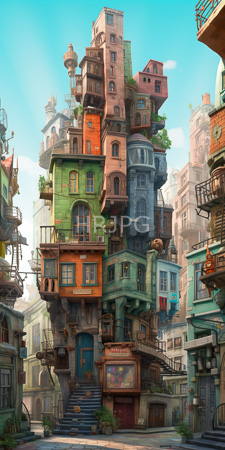 High Resolution: Intricately layered colorful cityscape of stacked buildings with varied textures and styles download. | HRJPG.com