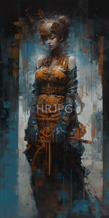 High Resolution: Ethereal woman with curly reddish-brown hair and fair skin wearing an orange dress adorned in dark blue gloves that extend past her elbows download. | HRJPG.com