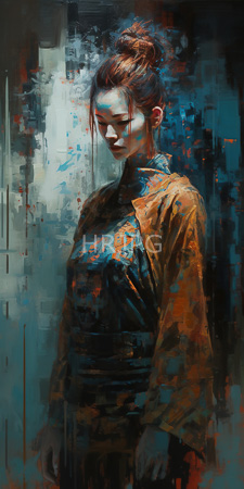 High Resolution: Asian woman with fair skin and brown hair in a messy bun wearing a dark blue high-neck dress under an orange-brown jacket download. | HRJPG.com
